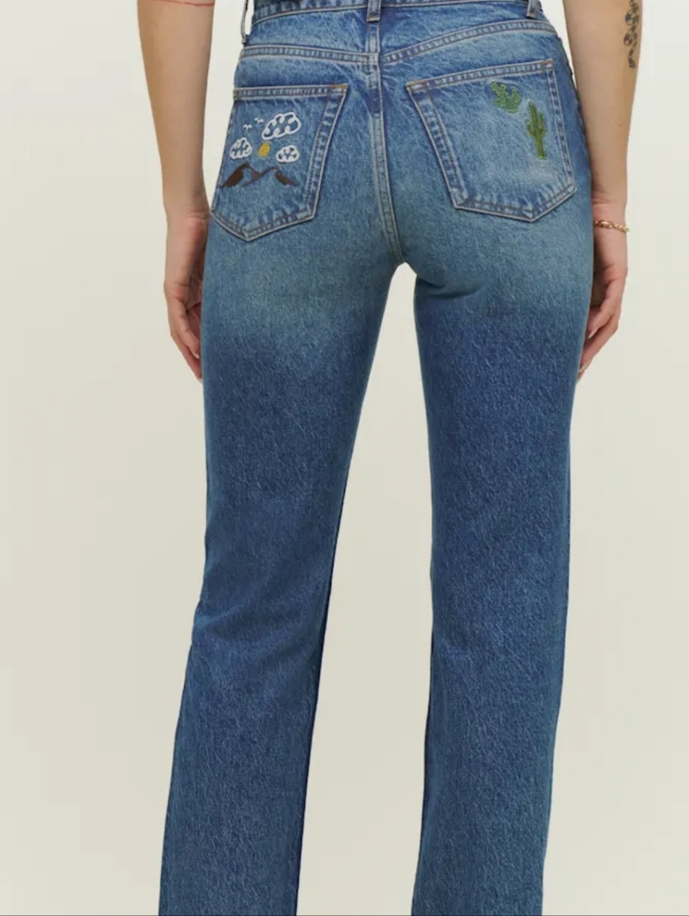 Reformation Blue Straight-Leg Jeans with Yellow & Green Embroidery Juno Size 31 - Picture 4 of 16